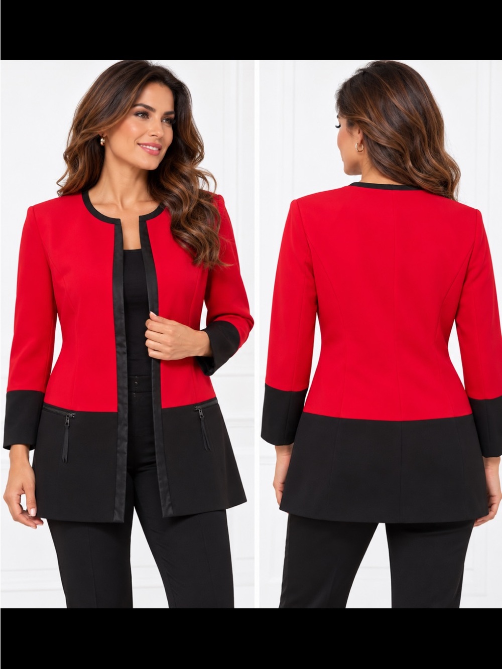 Mary Kay Red and Black Open Front Blazer